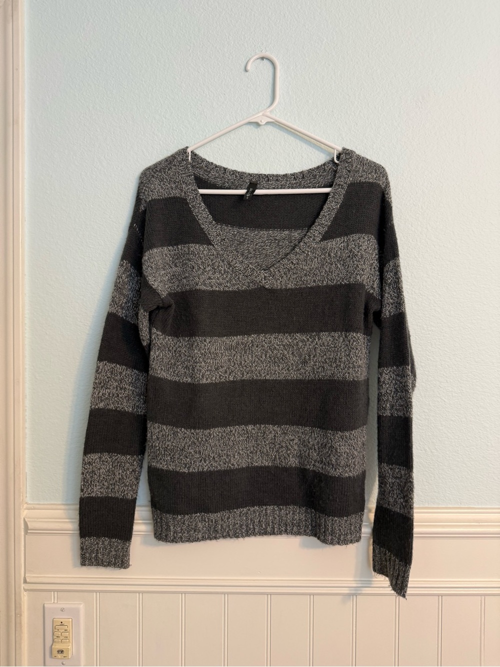 Full Tilt Women's Striped V-Neck Sweater in Charcoal and Heather Gray